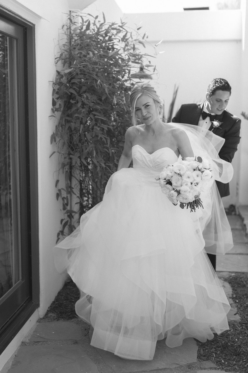 Bride with bouquet in black and white