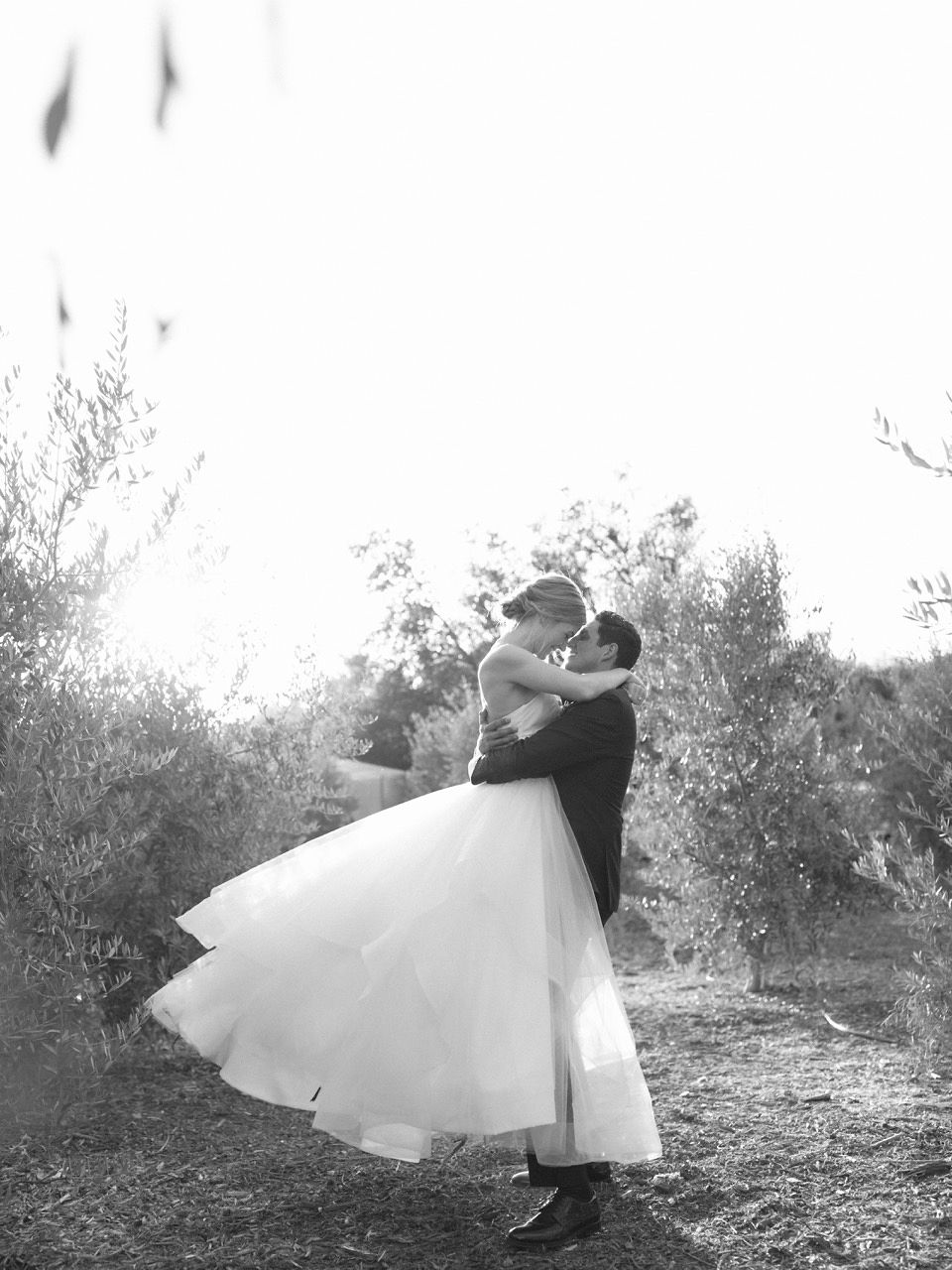 Couple lifting and kissing in olive grove